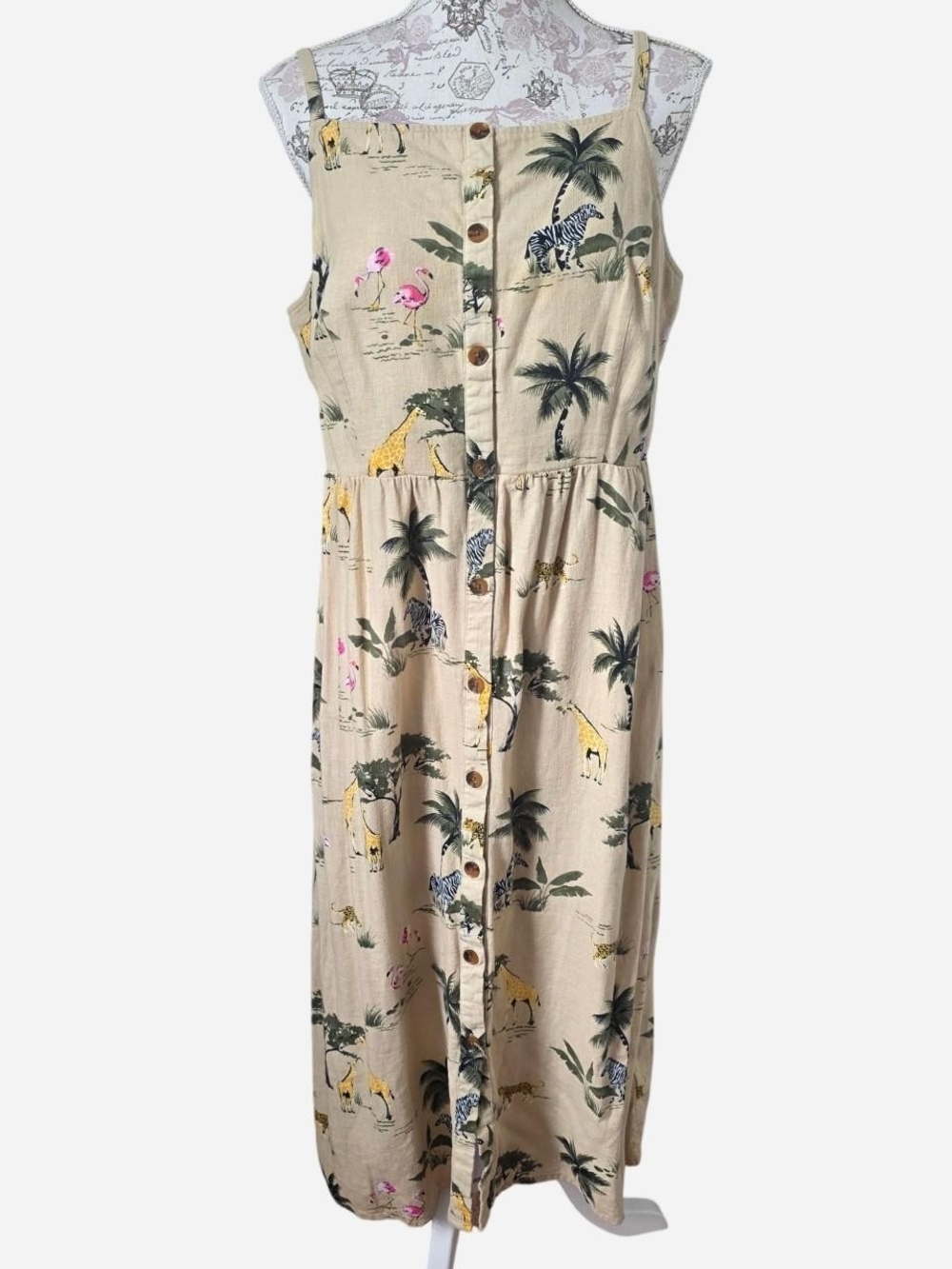 Old Navy Beige Tropical Animal-Print Button Midi Dress